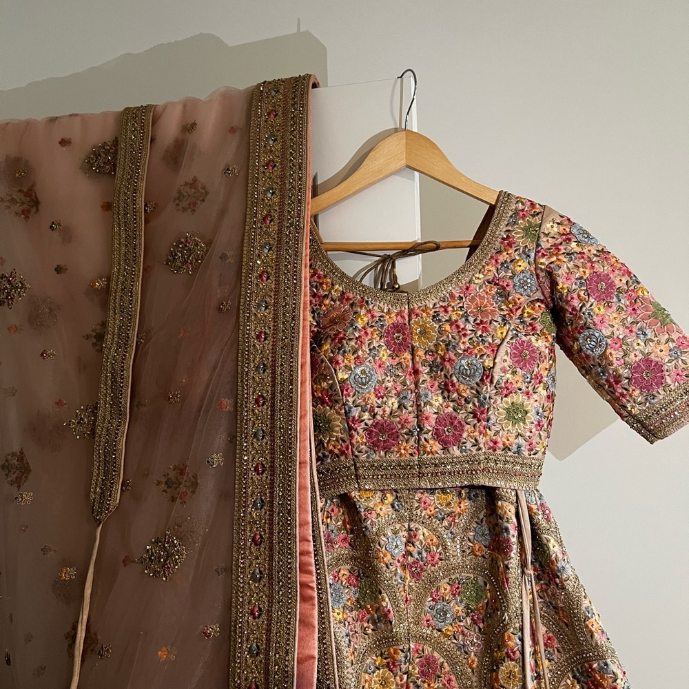 Luxury Hand-Embroidered Floral Lehenga Set with Dupatta | Blush & Gold